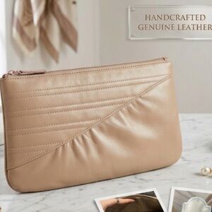 Vintage Beige Genuine Leather Wristlet Clutch | Minimalist Boho NWT